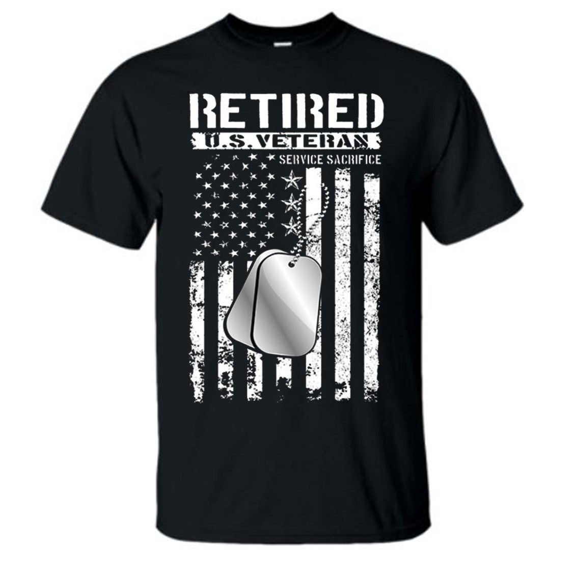 Retired US Veteran Service & Sacrifice American Flag Black Short Sleeve T-Shirt 2X