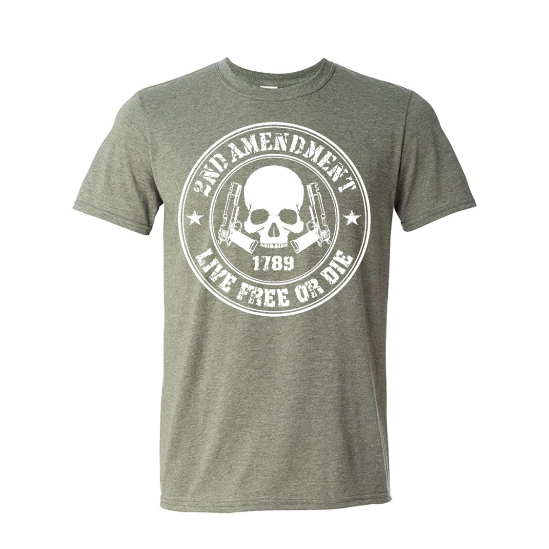 Live Free or Die 2nd Amendment Skull & Guns Heather Green Short Sleeve T-Shirt L