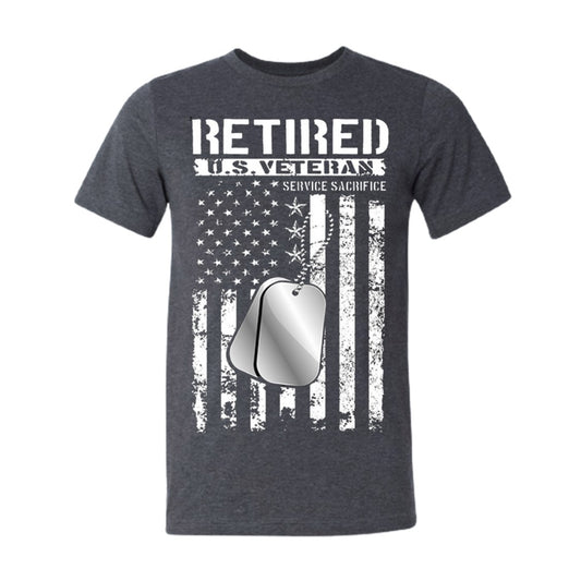 Retired US Veteran Service & Sacrifice American Flag Dark Heather Gray Short Sleeve  T-Shirt 2X