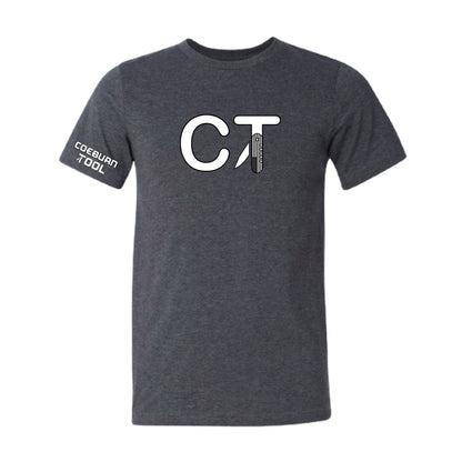 Coeburn Tool Big Lettermark Logo Dark Heather Gray Short Sleeve T-Shirt w/ coeburn tool sleeve