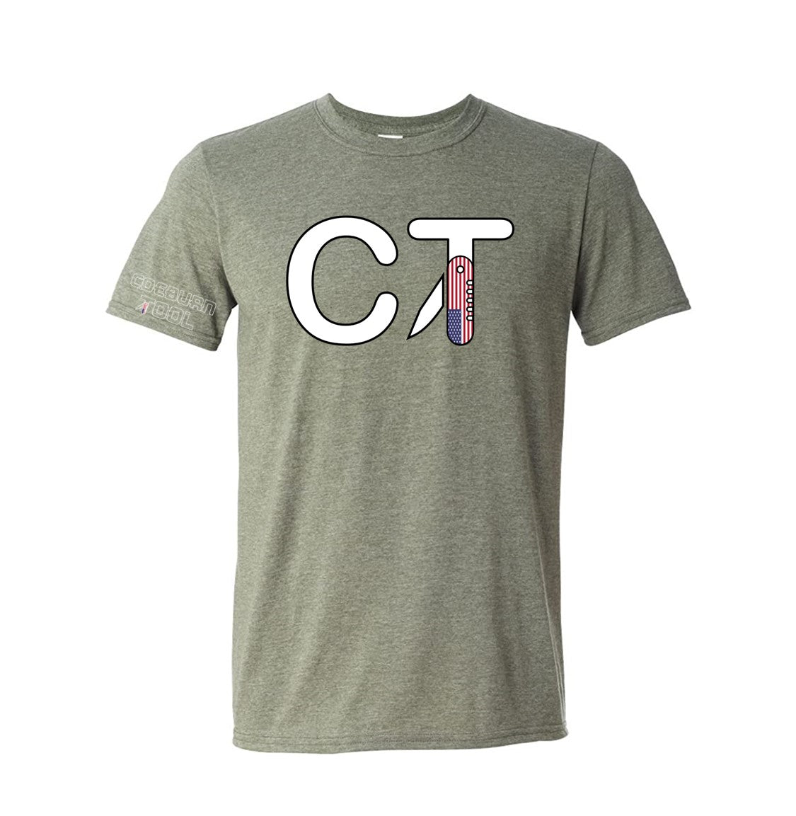 Coeburn Tool CT American Flag LG Logo Heather Green Short Sleeve T-Shirt w/ outline coeburn sleeve