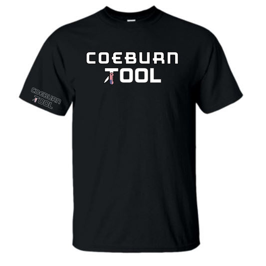Coeburn Tool American Flag Word Logo Black Short Sleeve T-Shirt w/ outline coeburn word sleeve