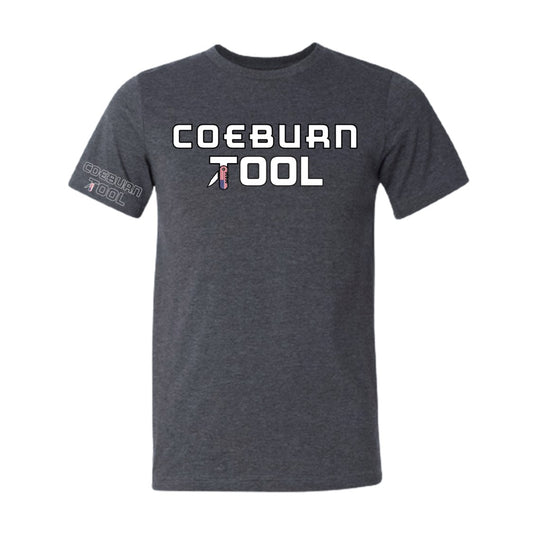 Coeburn Tool American Flag Word Logo Dark Heather Gray Short Sleeve T-Shirt w/ outline coeburn word sleeve