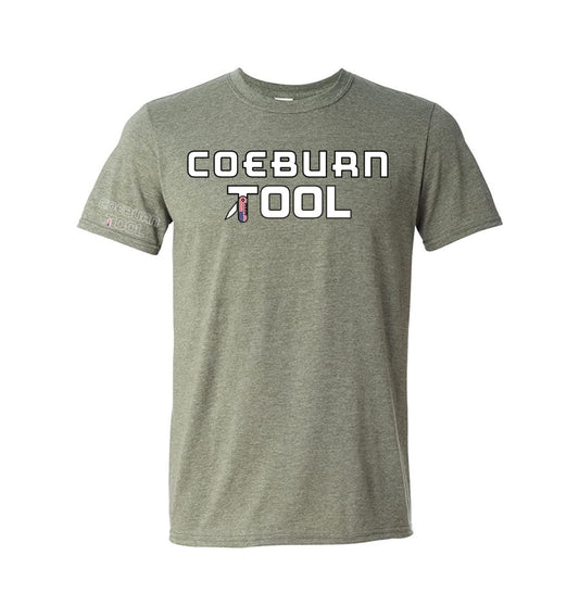 Coeburn Tool American Flag Word Logo Heather Green Short Sleeve T-Shirt w/ outline coeburn word sleeve